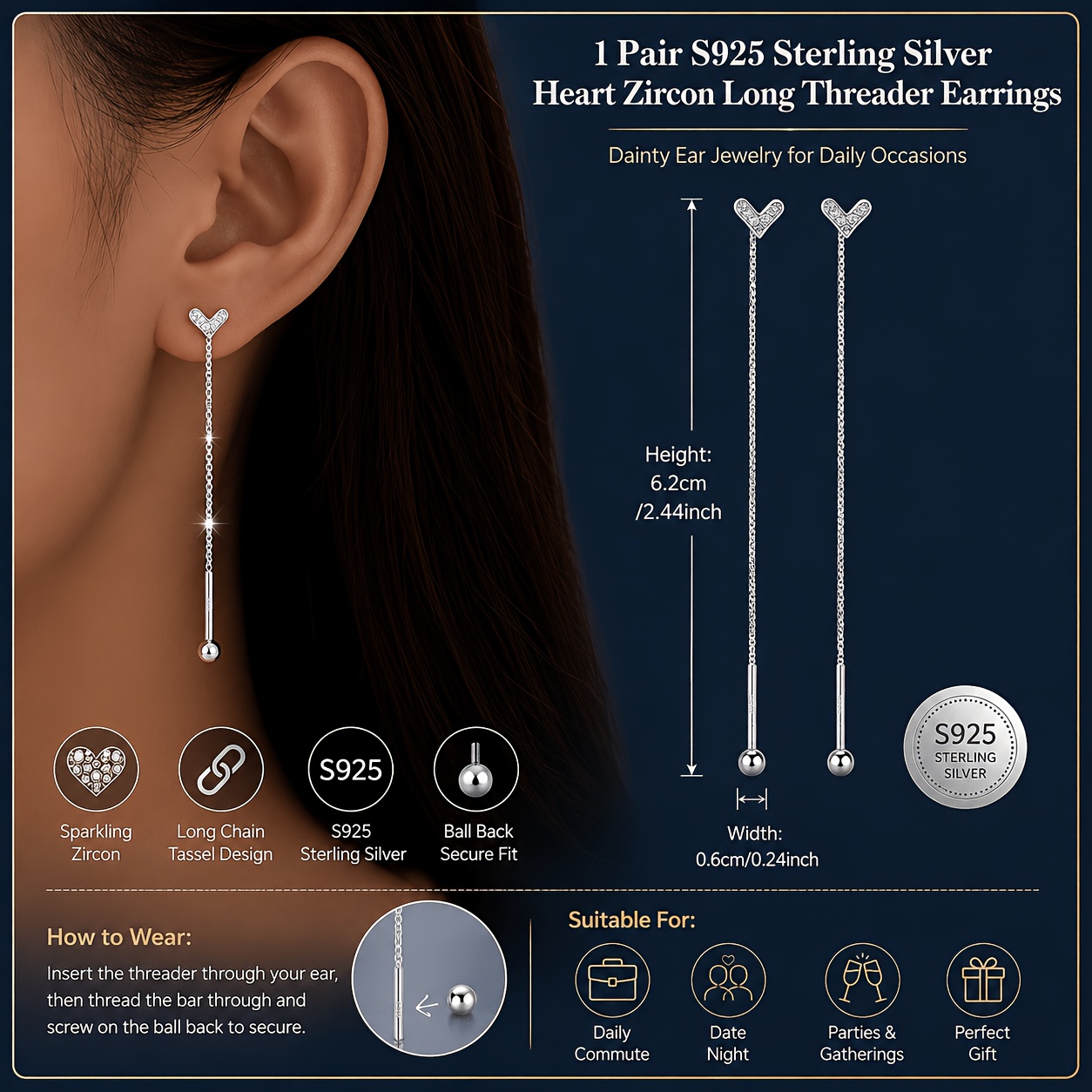 2pcs Women's S925 Silver Heart Long Tassel Earrings Set
